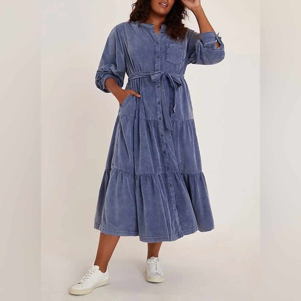Pilcro Marta Tiered Corduroy Midi Dress Size M Slate Blue Long Sleeves